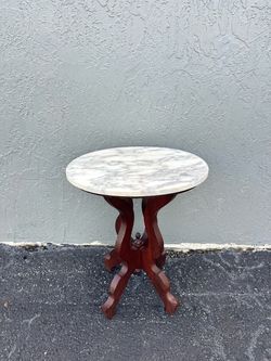 Vintage Marble Top Side Table – Wood Pedestal Accent Table