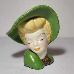 Lady Head Vase Planter Green Hat