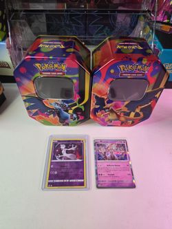 4 items- 2 Empty Mega Charizard Collector Tins & 2 Mewtwo Holo/Reverse Holo