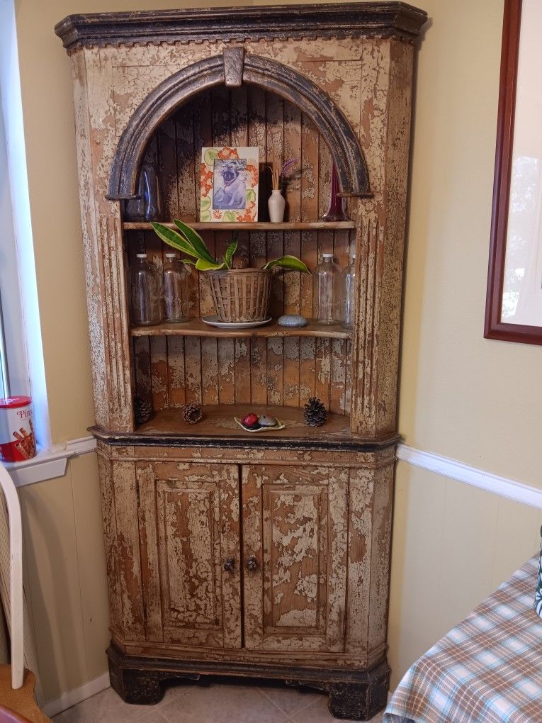 Antique Rustic Corner Cabinet 3 Shelves Bottom Cabinet