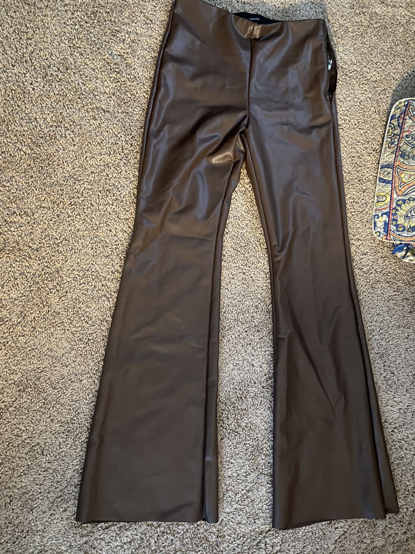 FOREVER 21 Brown Faux Leather Pants Large Elastic Wasteband Zipper Side