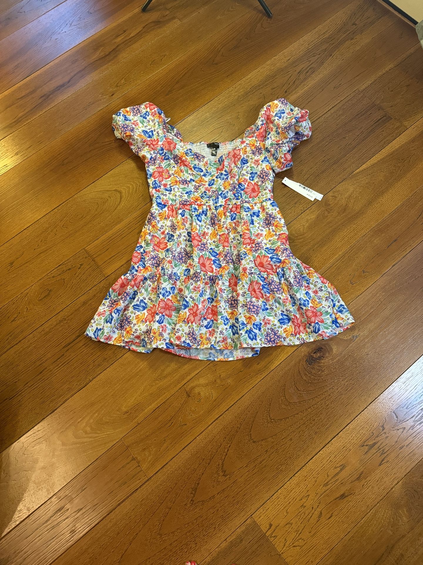 Aqua Floral Puff Sleeve Dress