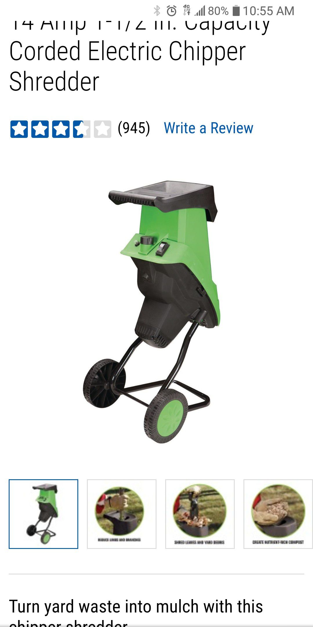 14 Amp 1-1/2 in. Capacity Corded Electric Chipper Shredder