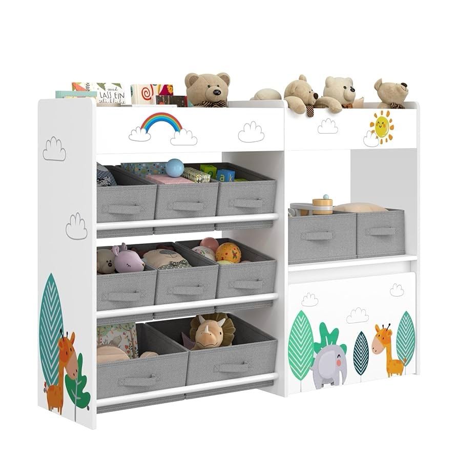 HOCSOK Toy Shelf, Children's Shelf with 10 Fabric Storage Boxes, Bookcase, Toy Box on Wheels, Toy Organiser in Children's Room, White