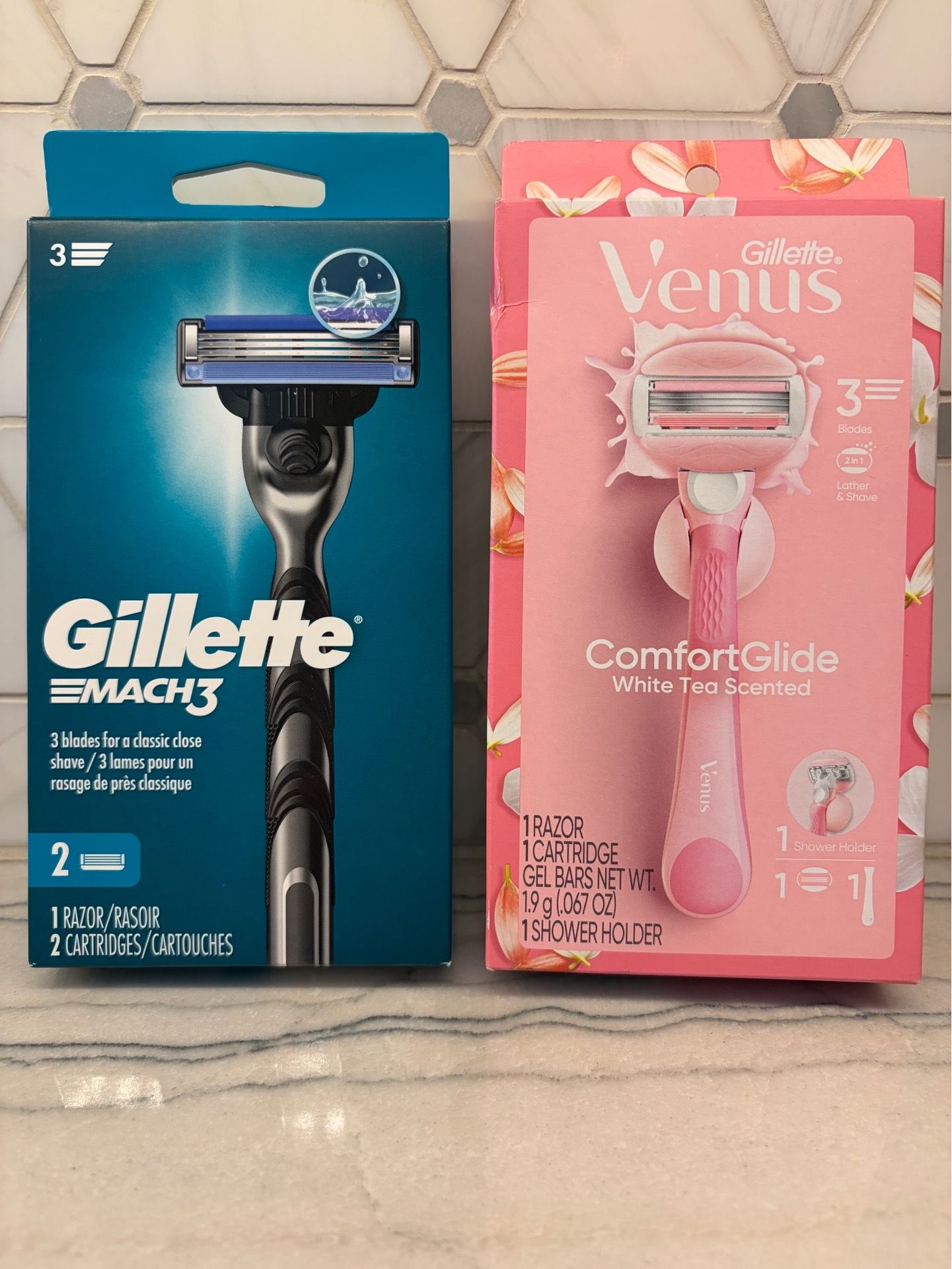 Gillette Mach3 includes one razor and two cartridges. Venus ComfortGlide set is white tea scented