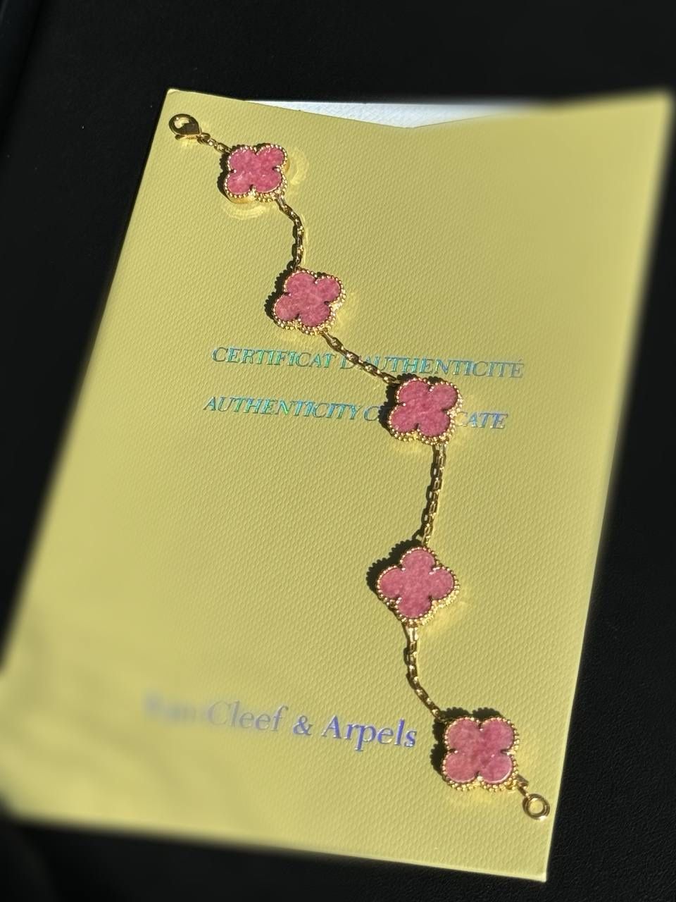 18k yellow gold Pink Van cleef Alhambra style Rhodonite 5 motifs clover shape stone bracelet