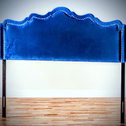 Designer Sapphire Velvet Queen-Size headboard with Chrome calloped trim lining 