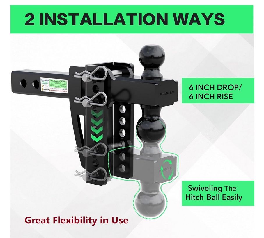 Extra Heavy-Duty Adjustable Manganese Steel Trailer Hitch for 2 Inch Receiver, 2'' & 2-5/16'' Tow Ball with 22,000 LBS Towing Weight, 6'' Drop/Rise, B