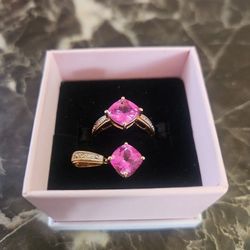 10k Yellow Gold  Pink Sapphire Stone Lab Created With Diamonds  Size 7  And Pendant Set