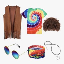6 Pcs Men's Hippie Costume Set Hippie Fringe Vest Accessories for 60 70s Carnival Party Halloween Outfits