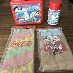 Vintage 90s Coca-cola Coke Lunchbox Thermos Lunch Brown Bag Lot