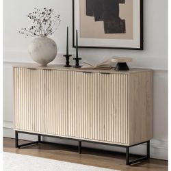 Storage Cabinet with 4 Doors, Fluted Sideboard Buffet Accent Cabinets with Adjustable Shelves, Boho Console Table Bar Storage Credenza for Living Room