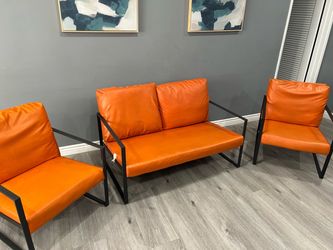 Modern Orange Faux Leather Accent Chair with Black Metal Frame