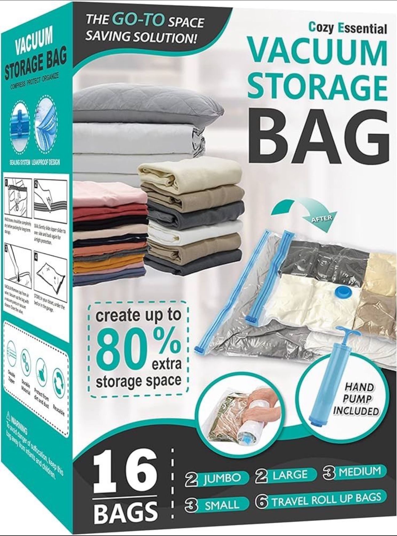 Space Saver Storage Bags, (2 Jumbo/2 Large/3 Medium/3 Small/6 Roll) Compression Vacuum Sealer Bags for Comforters, Blankets, Clothes Storage, Hand Pum