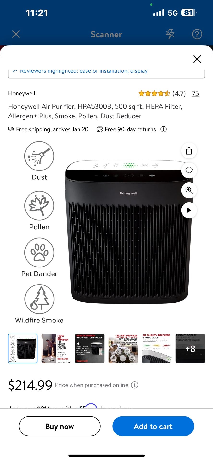Honeywell Air Purifier, HPA5300B, 500 sq ft, HEPA Filter, Allergen+ Plus, Smoke, Pollen, Dust Reducer