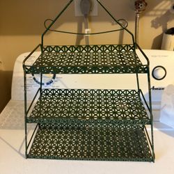 Vintage Wall Shelf MCM Atomic Metal Mesh Original Green Two Tier Mid Century 1950s