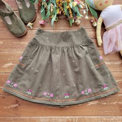 SIZE 7 GIRLS OLIVE GREEN CORDUROY EMBROIDERED FLORAL SKIRT