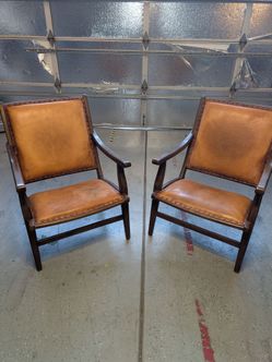 Pair of Leather and Wood Armchairs with Nailhead Trim