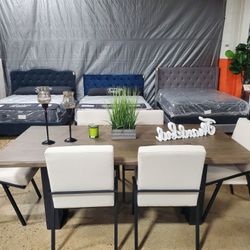 Beautiful 6 Pc Dining Set With 6 White Fabric Chairs (New)