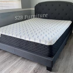 Queen Grey Burlap Tufted Bed With Ortho Mattress Included 