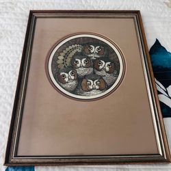 Vintage 1978 wall art  Yvonne Davis “Quorum plus one” Signed and numbered 31/350. Gorgeous hand colored owl family 18 1/4” x 14 1/2”