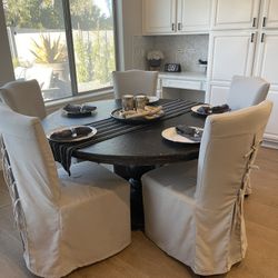 60in Potato barn Dining Table & Linen Covered chairs