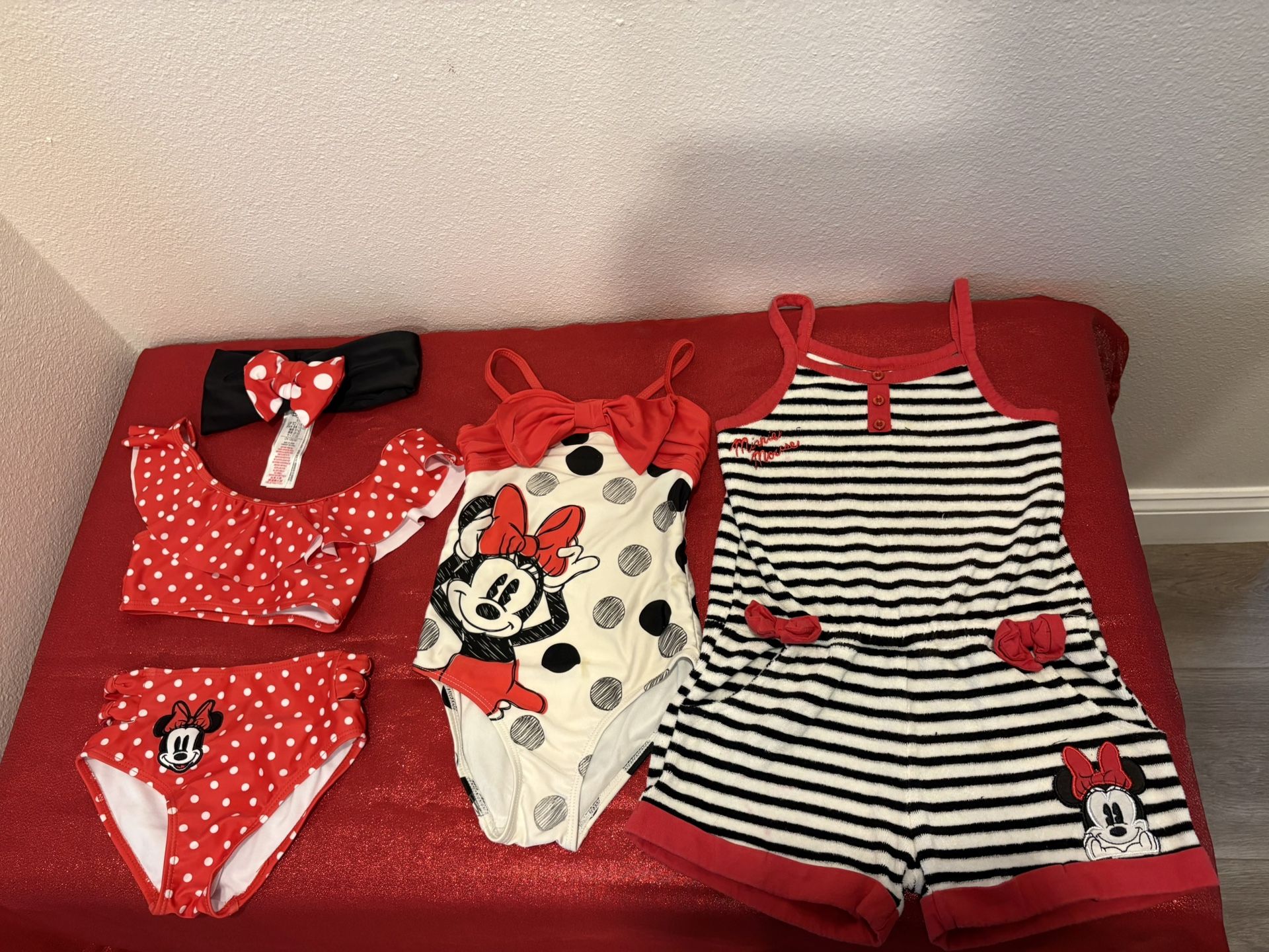 Disney Minnie Mouse Red White & Black Bathing Suit Set Headband & Jumper Lot - Girls Kids Size 5/6 Simi Valley 