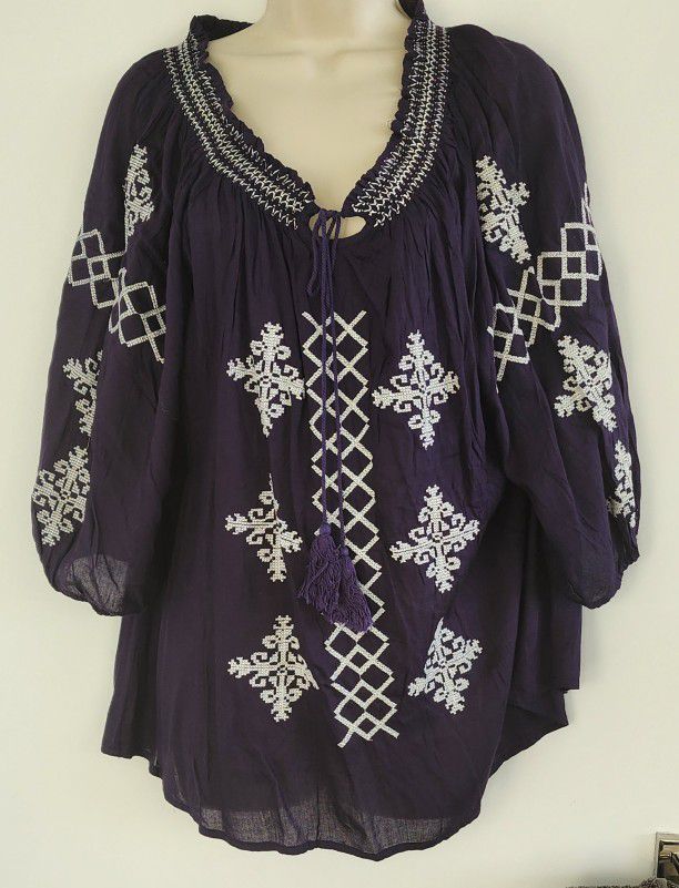 Navy Blue Embroidered Boho Tunic Top |Large 