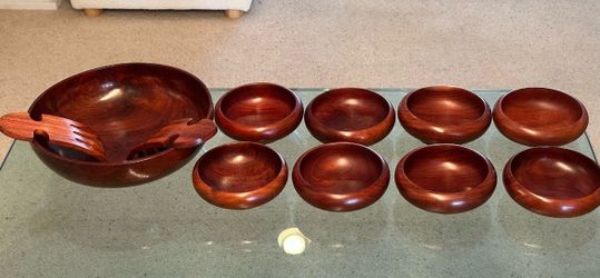 Mid Century Modern Vintage David Auld Style Solid Mahogany Wood Set Large 12” Salad Fruit Bowl 8 Small Bowls 2 Serving Forks