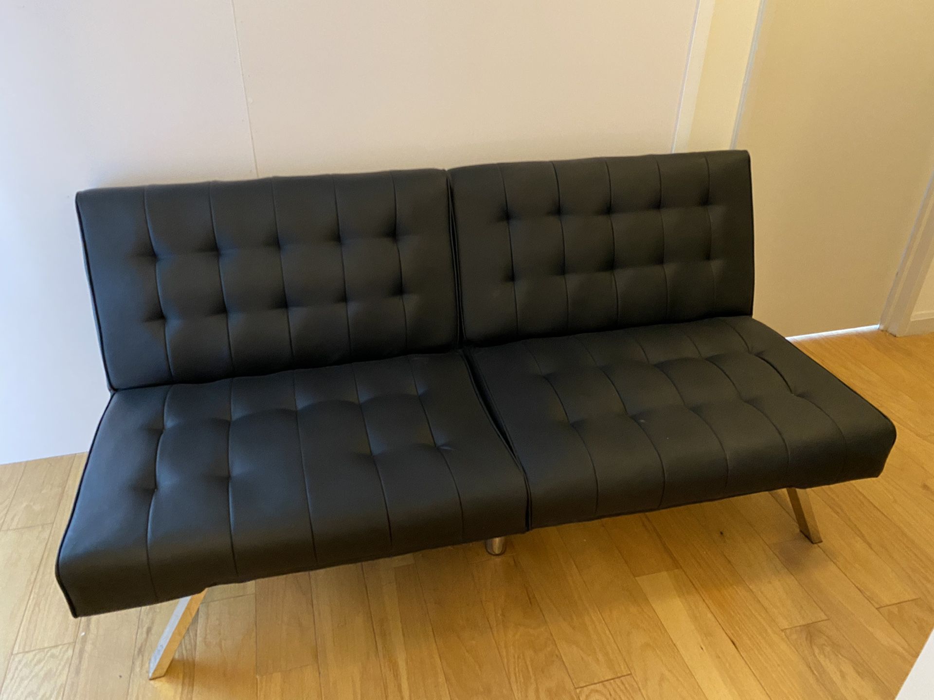 Futon Sofa Bed, Black Faux Leather NEEDS TO GO TODAY. OBO