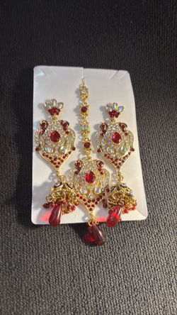 Red and Gold Chandelier Earrings Set with Tikka