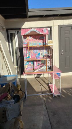 Pink 3 story Doll House with pink desk