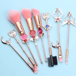 Set of 8 Professional Metal Sailor Moon Wand Makeup Brushes for Eyeshadow, Nose, Contour and Blush. Gift