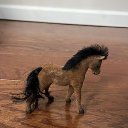 Vintage Flocked Horse Figurine 4.5" Brown Toy With Black Mane Hair