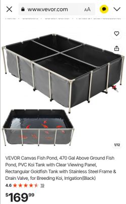 VEVOR Canvas Fish Pond, 470 Gal Above Ground Fish Pond, PVC Koi Tank with Clear Viewing Panel, Rectangular Goldfish Tank with Stainless Steel Frame & 