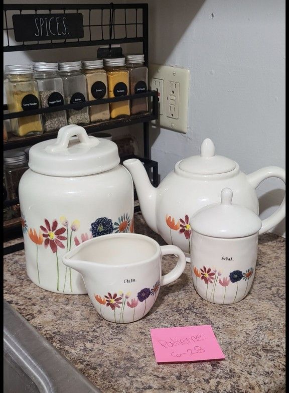 Rae Dunn Rare Mother's Day 2018 Floral Teapot Canister Cream Sugar Set Of 4