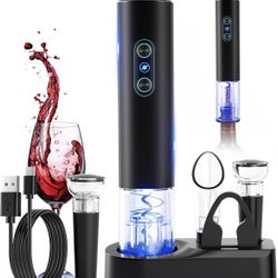 🆕 In 📦 Electric Wine Opener,Rechargeable Cordless Wine Accessories,Stainless Steel Cordless Automatic Wine Bottle Corkscrew with Vacuum Stoppers(Bla