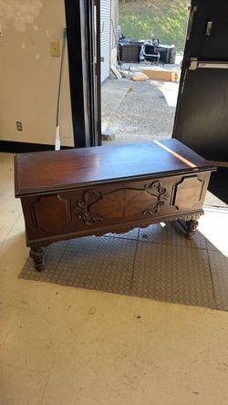 Antique Wood Cedar Chest with Carved Detail