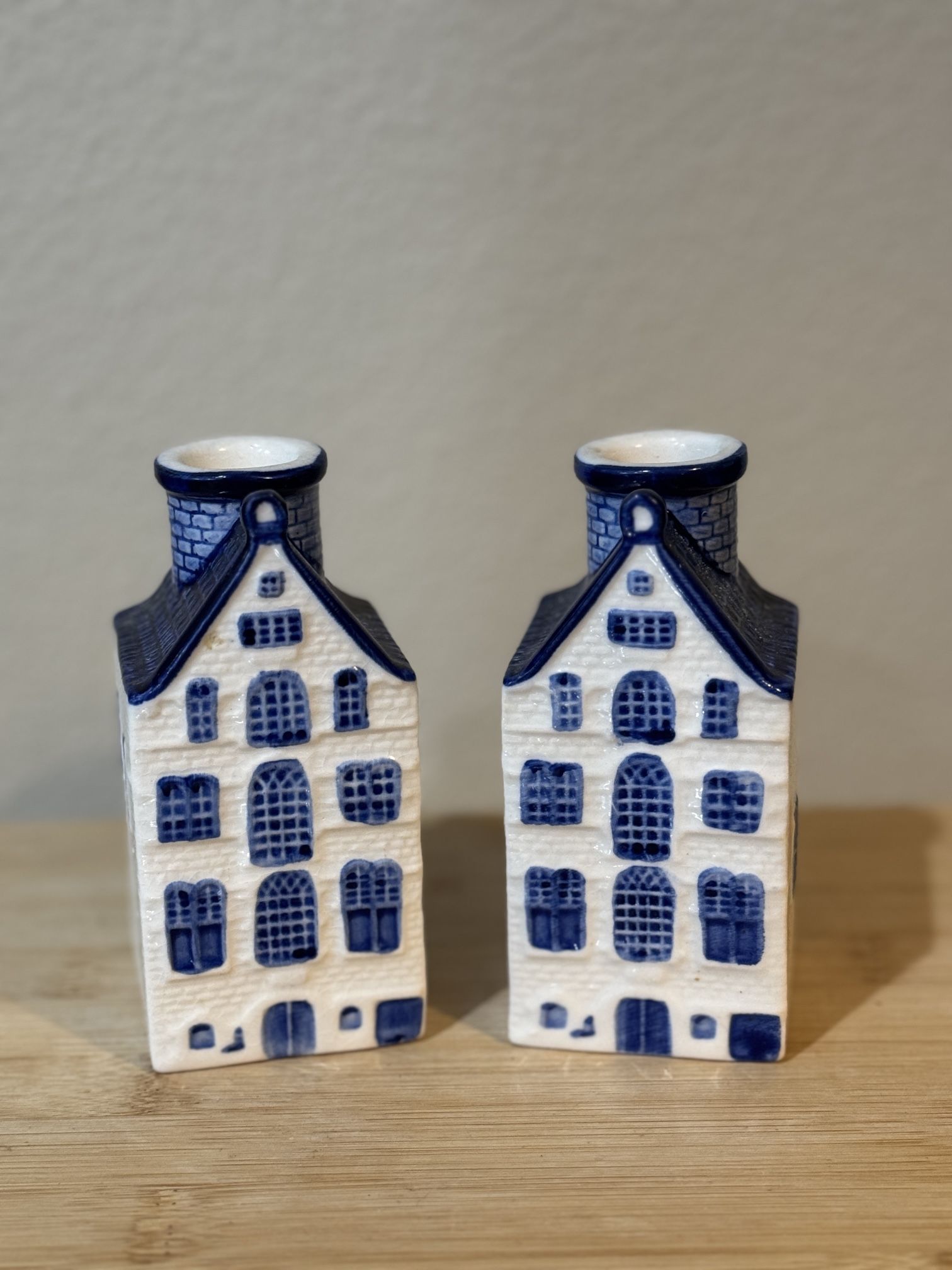 Vintage Dutch House Blue and White Ceramic Candlestick Holders - Set of 2, Made in Korea