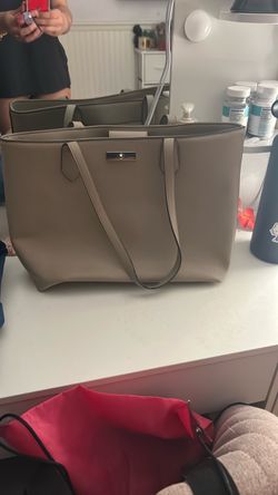 Beige Leather Tote Bag with Silver Hardware