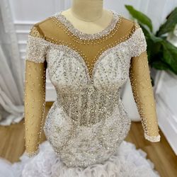 Elegant, Silver, And White Beaded Dress