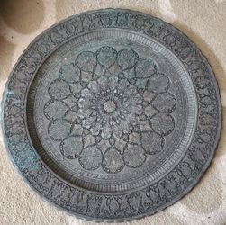 Antique Engraved Silver Plated Copper Arabic Tray 19 1/2 Inch Diameter ( ask for shipping cost)