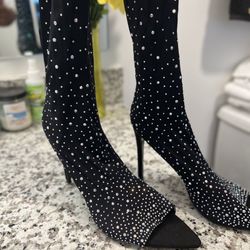 Black Rhine Stone Stretch Sock Boots/heel