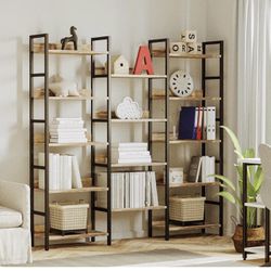 Bookcases and Bookshelves Triple Wide 5 Tiers Industrial Bookshelf with Baffles Large Etagere Bookshelf with Metal Frame 