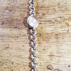 GOLD TONE ELGIN WATCH W/PURPLE AMETHYST STONES 