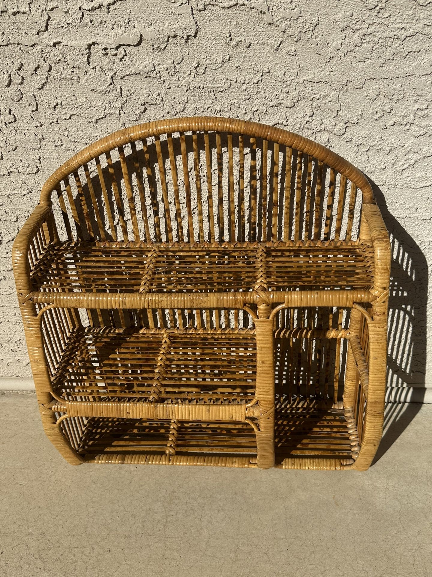 Vintage 1970’s Handwoven Wall Shelf Cubby Tiger Bamboo Caning Reed