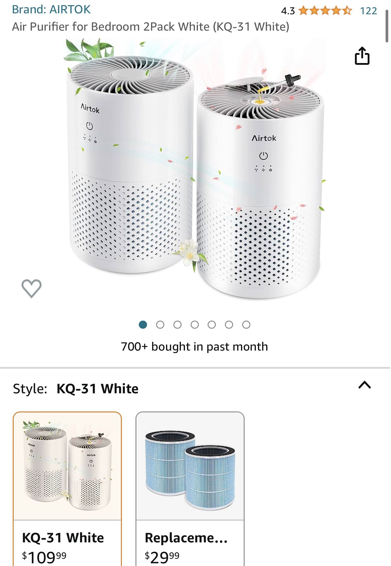 Air Purifier for Bedroom 2Pack White (KQ-31 White) - Comes with 2 filters (Brand New in Box)