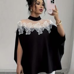 Women'S Elegant Mesh Patchwork Appliqued Small Stand-Up Collar Batwing Sleeve Fashion Loose Casual Shirt Size (2XL)