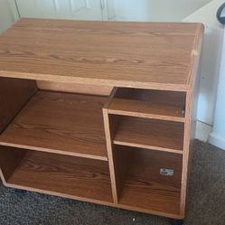 Brown Plywood Computer Desk w/Sliding Shelf, Adjustable Shelf & Wheels