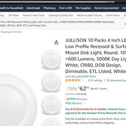 JULLISON 10 Packs 4 Inch LED Low Profile Recessed & Surface Mount Disk Light, Round, 10W, >600 Lumens, 5000K Day Light White